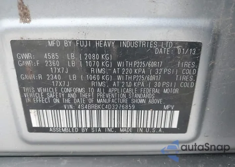 2013 Subaru Outback 2.5I Limited z USA, uszkodzony, nr VIN 4S4BRBKC4D3276859